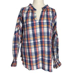 Finley Plaid Split-Neck Top in Navy, White, Coral & Mustard